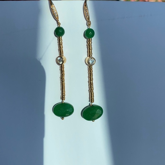 C.S. Jade Green Stones & Gold Dangle Earrings